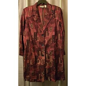 Chicos Silk Blend Long Jacket Blazer Sz‎ 1 Womens Office Work Classic Maroon